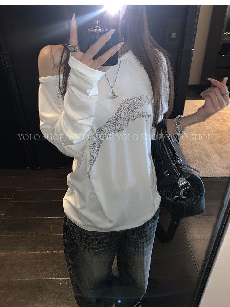 여름 다용도 작은 대중 오프숄더 핫걸 루즈핏 맨위 라이 경기 서울 인쇄 花船 칼라 둘 착용 긴팔 블라우스 티셔츠 여성 상세 이미지 18