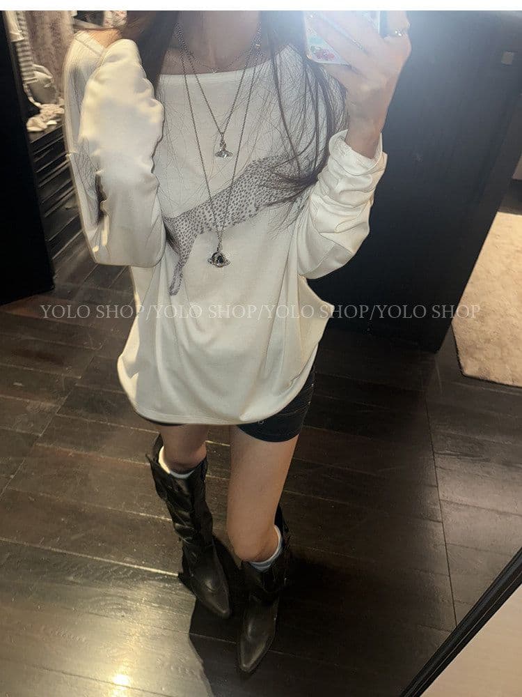 여름 다용도 작은 대중 오프숄더 핫걸 루즈핏 맨위 라이 경기 서울 인쇄 花船 칼라 둘 착용 긴팔 블라우스 티셔츠 여성 상세 이미지 20