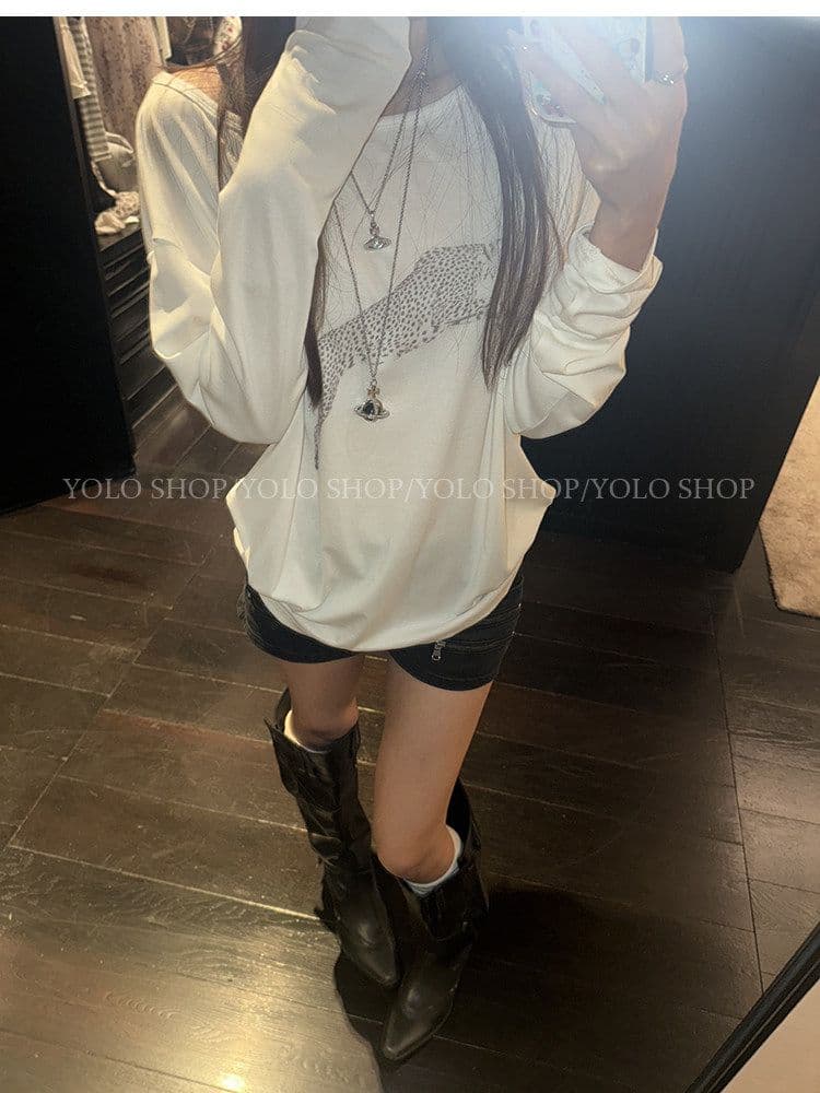 여름 다용도 작은 대중 오프숄더 핫걸 루즈핏 맨위 라이 경기 서울 인쇄 花船 칼라 둘 착용 긴팔 블라우스 티셔츠 여성 상세 이미지 21