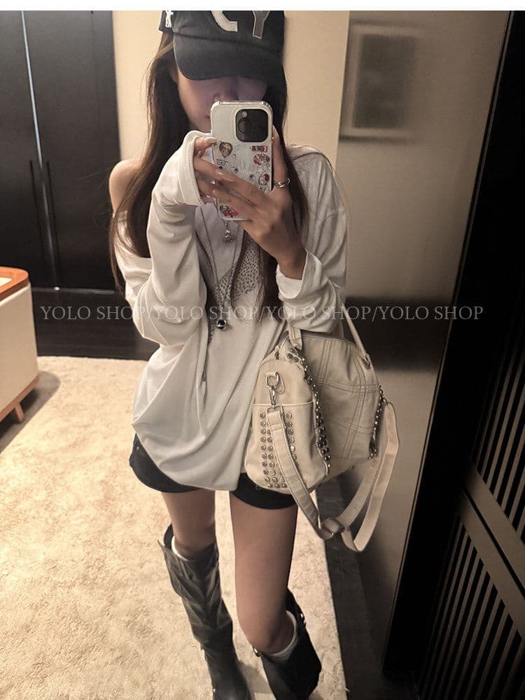 여름 다용도 작은 대중 오프숄더 핫걸 루즈핏 맨위 라이 경기 서울 인쇄 花船 칼라 둘 착용 긴팔 블라우스 티셔츠 여성 상세 이미지 23