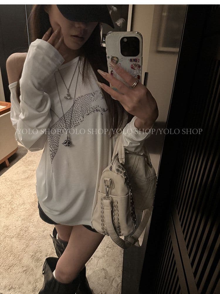 여름 다용도 작은 대중 오프숄더 핫걸 루즈핏 맨위 라이 경기 서울 인쇄 花船 칼라 둘 착용 긴팔 블라우스 티셔츠 여성 상세 이미지 24
