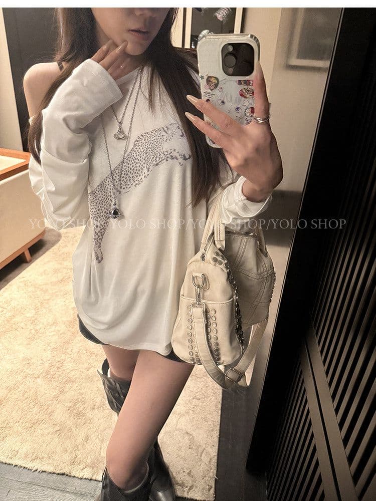 여름 다용도 작은 대중 오프숄더 핫걸 루즈핏 맨위 라이 경기 서울 인쇄 花船 칼라 둘 착용 긴팔 블라우스 티셔츠 여성 상세 이미지 25