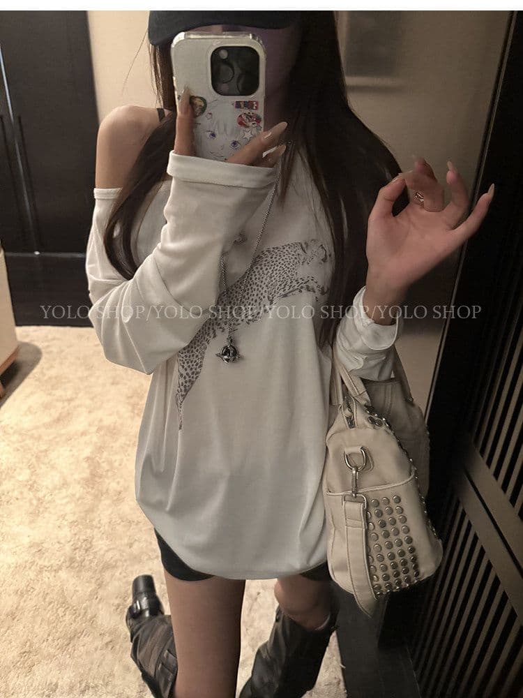 여름 다용도 작은 대중 오프숄더 핫걸 루즈핏 맨위 라이 경기 서울 인쇄 花船 칼라 둘 착용 긴팔 블라우스 티셔츠 여성 상세 이미지 26