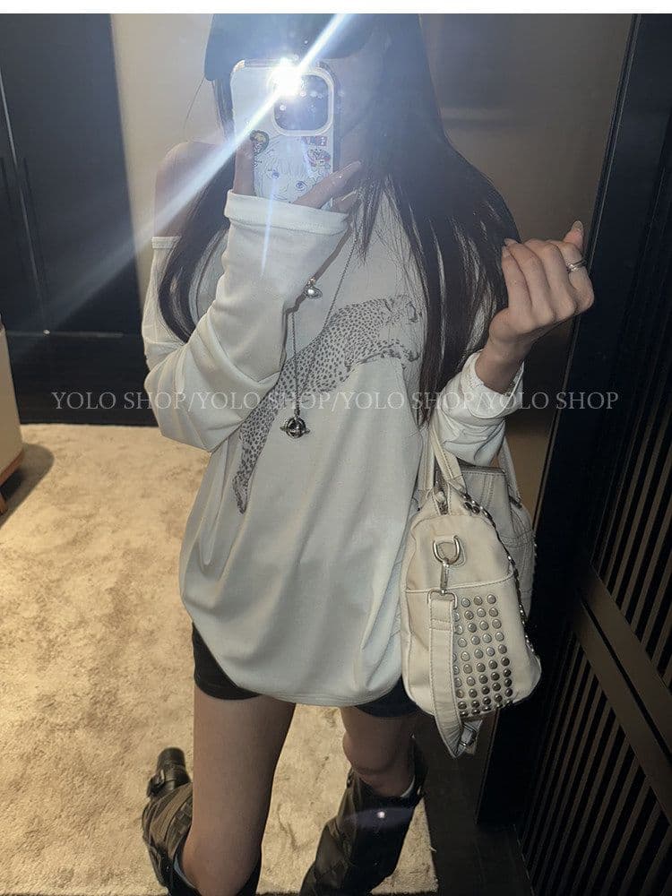 여름 다용도 작은 대중 오프숄더 핫걸 루즈핏 맨위 라이 경기 서울 인쇄 花船 칼라 둘 착용 긴팔 블라우스 티셔츠 여성 상세 이미지 27