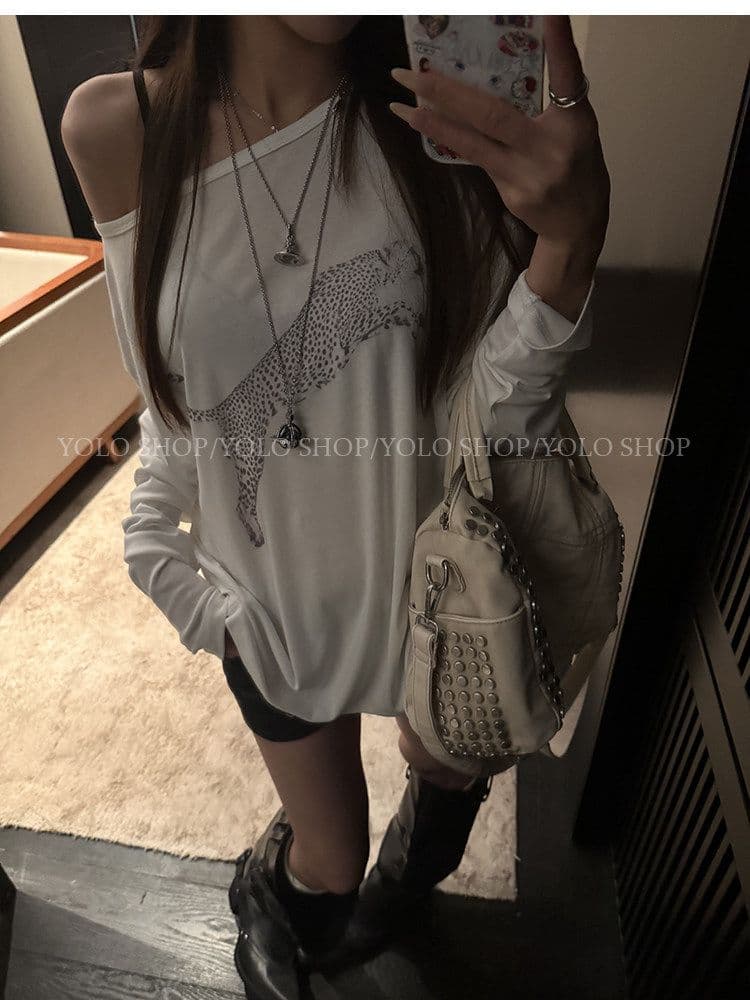 여름 다용도 작은 대중 오프숄더 핫걸 루즈핏 맨위 라이 경기 서울 인쇄 花船 칼라 둘 착용 긴팔 블라우스 티셔츠 여성 상세 이미지 28