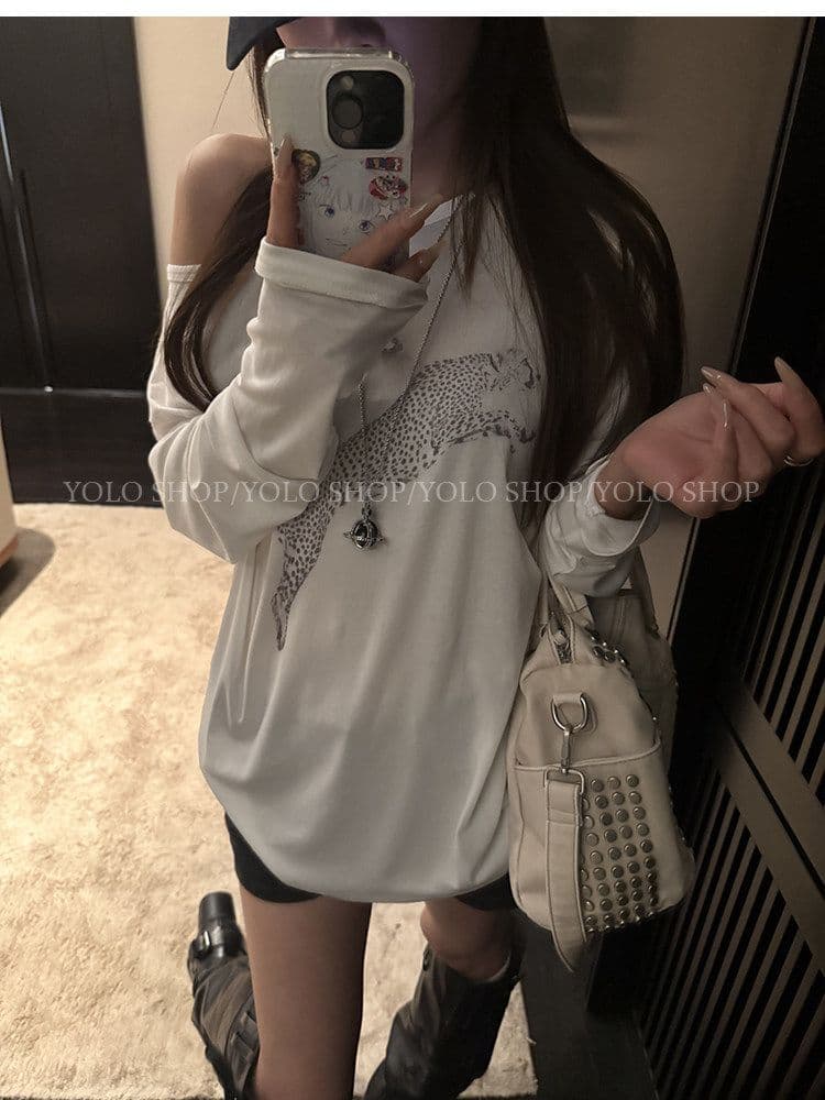 여름 다용도 작은 대중 오프숄더 핫걸 루즈핏 맨위 라이 경기 서울 인쇄 花船 칼라 둘 착용 긴팔 블라우스 티셔츠 여성 상세 이미지 29