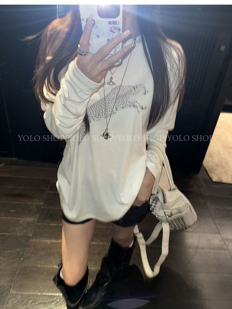 여름 다용도 작은 대중 오프숄더 핫걸 루즈핏 맨위 라이 경기 서울 인쇄 花船 칼라 둘 착용 긴팔 블라우스 티셔츠 여성 상세 이미지 30