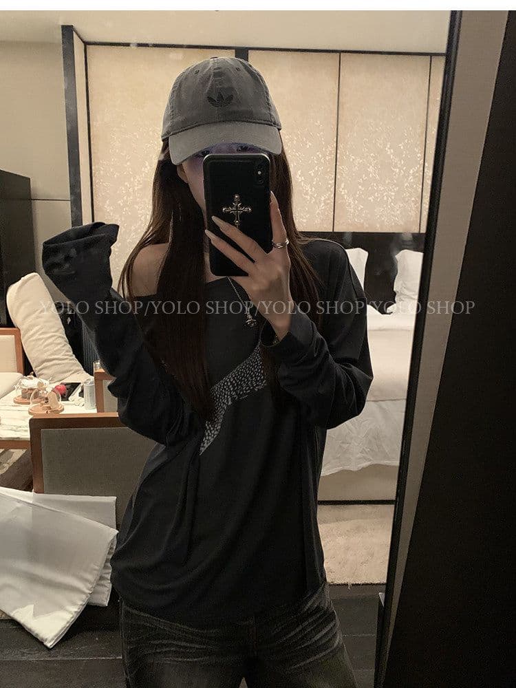 여름 다용도 작은 대중 오프숄더 핫걸 루즈핏 맨위 라이 경기 서울 인쇄 花船 칼라 둘 착용 긴팔 블라우스 티셔츠 여성 상세 이미지 32