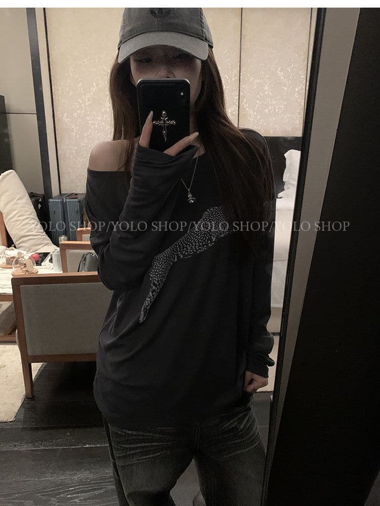 여름 다용도 작은 대중 오프숄더 핫걸 루즈핏 맨위 라이 경기 서울 인쇄 花船 칼라 둘 착용 긴팔 블라우스 티셔츠 여성 상세 이미지 33