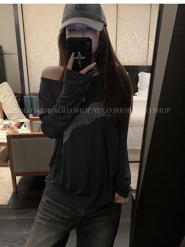 여름 다용도 작은 대중 오프숄더 핫걸 루즈핏 맨위 라이 경기 서울 인쇄 花船 칼라 둘 착용 긴팔 블라우스 티셔츠 여성 상세 이미지 34