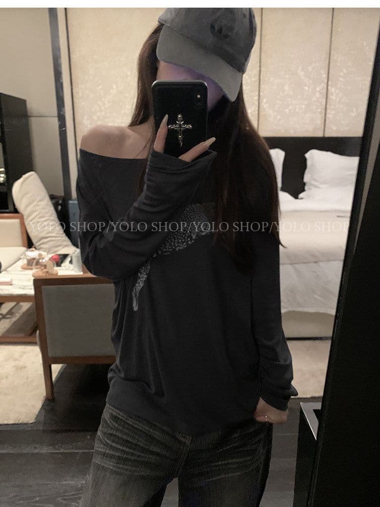 여름 다용도 작은 대중 오프숄더 핫걸 루즈핏 맨위 라이 경기 서울 인쇄 花船 칼라 둘 착용 긴팔 블라우스 티셔츠 여성 상세 이미지 35