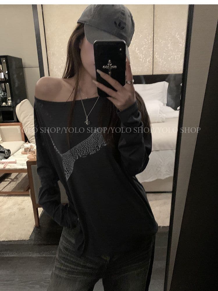 여름 다용도 작은 대중 오프숄더 핫걸 루즈핏 맨위 라이 경기 서울 인쇄 花船 칼라 둘 착용 긴팔 블라우스 티셔츠 여성 상세 이미지 37