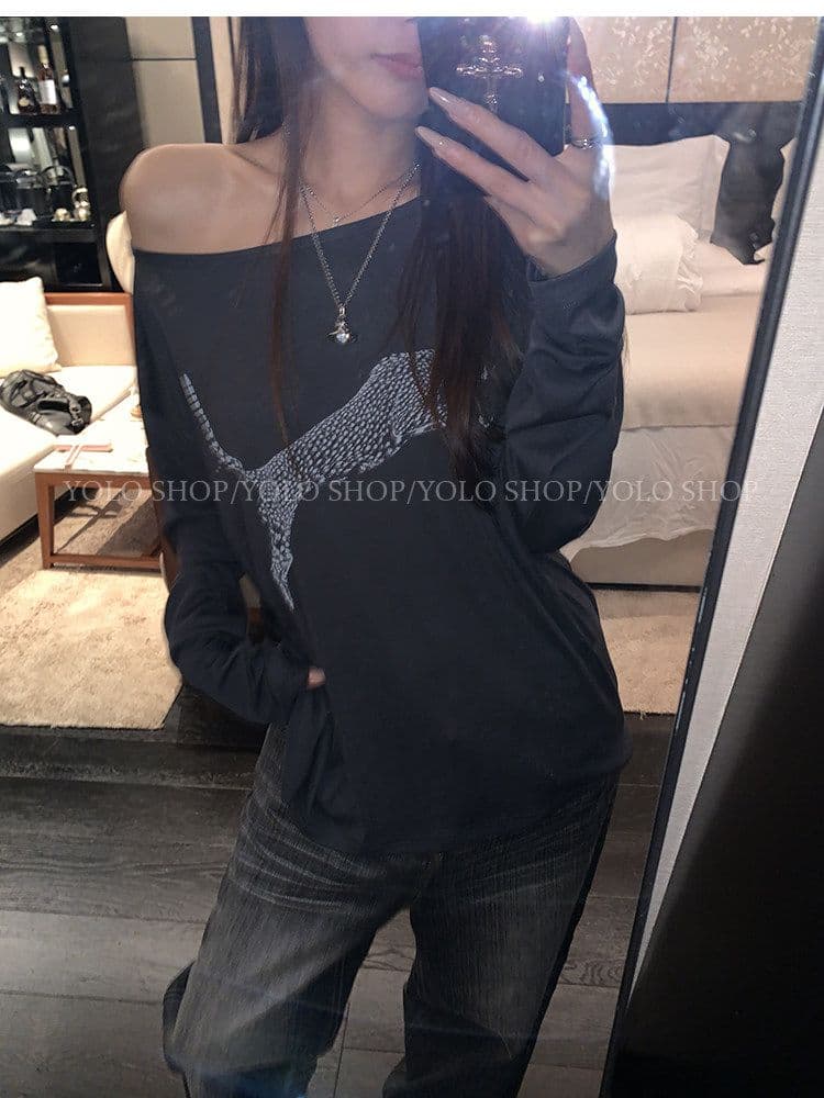 여름 다용도 작은 대중 오프숄더 핫걸 루즈핏 맨위 라이 경기 서울 인쇄 花船 칼라 둘 착용 긴팔 블라우스 티셔츠 여성 상세 이미지 39