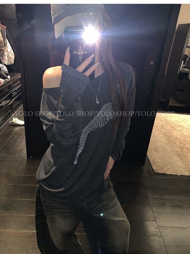 여름 다용도 작은 대중 오프숄더 핫걸 루즈핏 맨위 라이 경기 서울 인쇄 花船 칼라 둘 착용 긴팔 블라우스 티셔츠 여성 상세 이미지 40