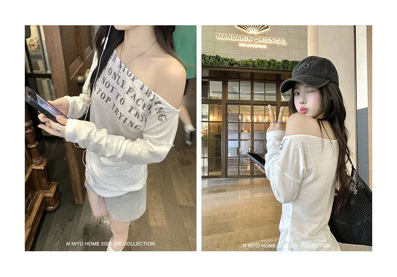 여름 섹션 한 부서 알파벳 프린트 블라우스 긴팔 라이 경기 서울 비스듬한 어깨 티셔츠 여성 아름다운 베이지 색 루즈핏 맨위 상세 이미지 7