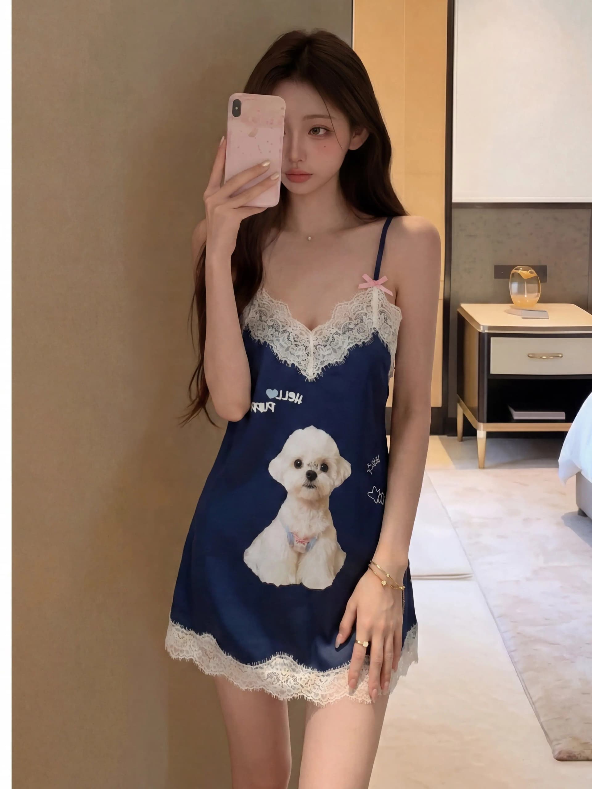 원본 원단 여름 새로운 만화 강아지 프린트 섹시함 V넥 미니 스커트 순수한 욕망 바람 레이스 슬립 드레스 상세 이미지 2