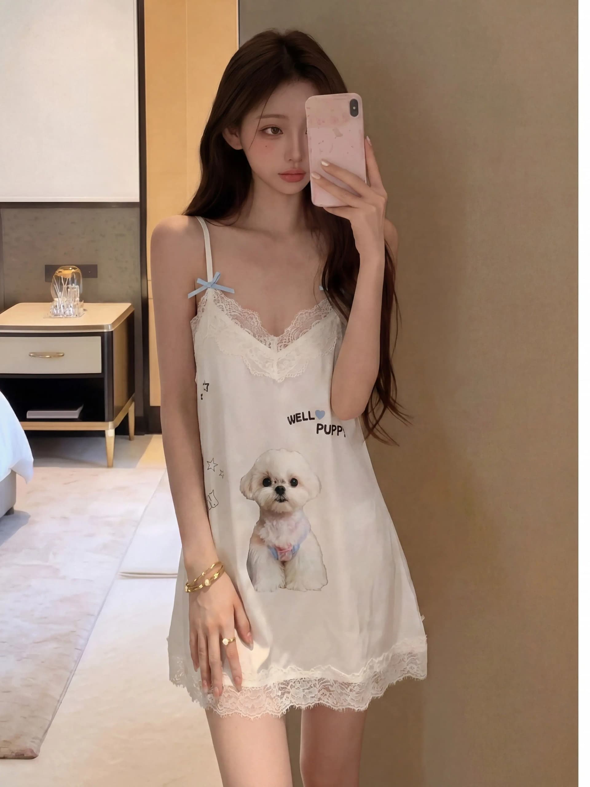 원본 원단 여름 새로운 만화 강아지 프린트 섹시함 V넥 미니 스커트 순수한 욕망 바람 레이스 슬립 드레스 상세 이미지 3