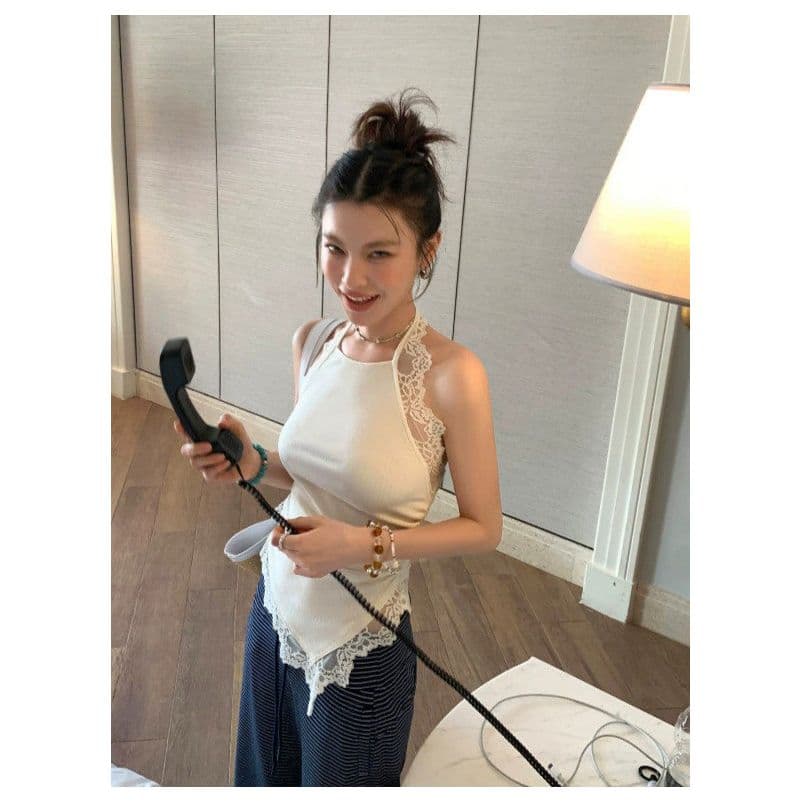 여름 몸매 가꾸기 슬림해 보이는 핫걸 백리스 외출용 맨위 불규칙 레이스 조각 민소매 니트 행침 목 조끼 여성