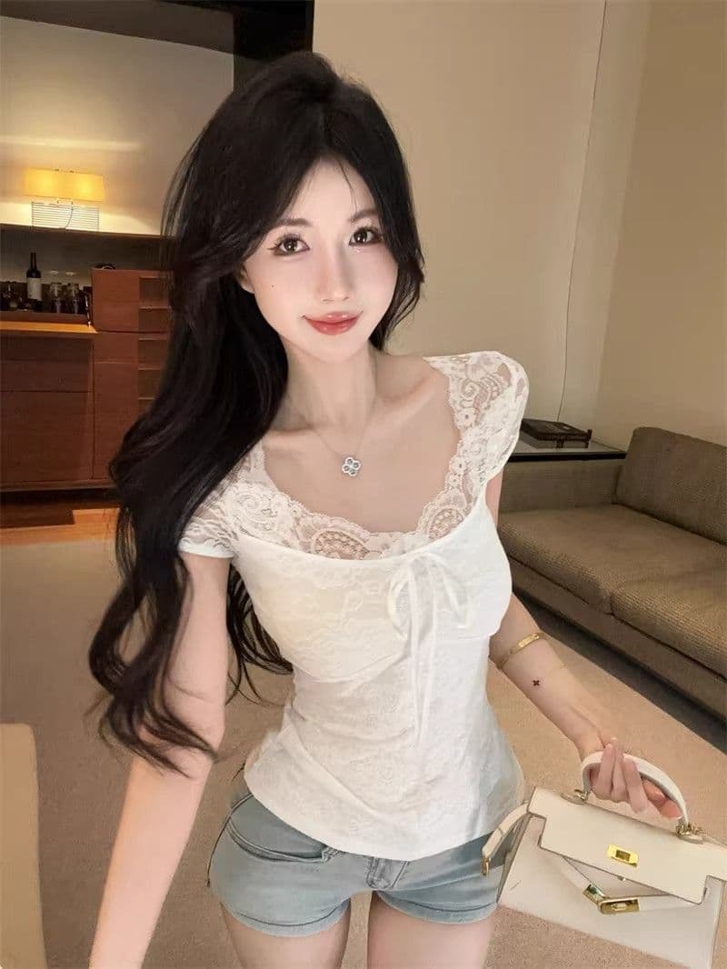 레이스 조각 레이스업 V넥 반팔 티셔츠 여성 2026 여름 새로운 다용도 순수한 욕망 몸매 가꾸기 허리 수축 핫걸 맨위 상세 이미지 6