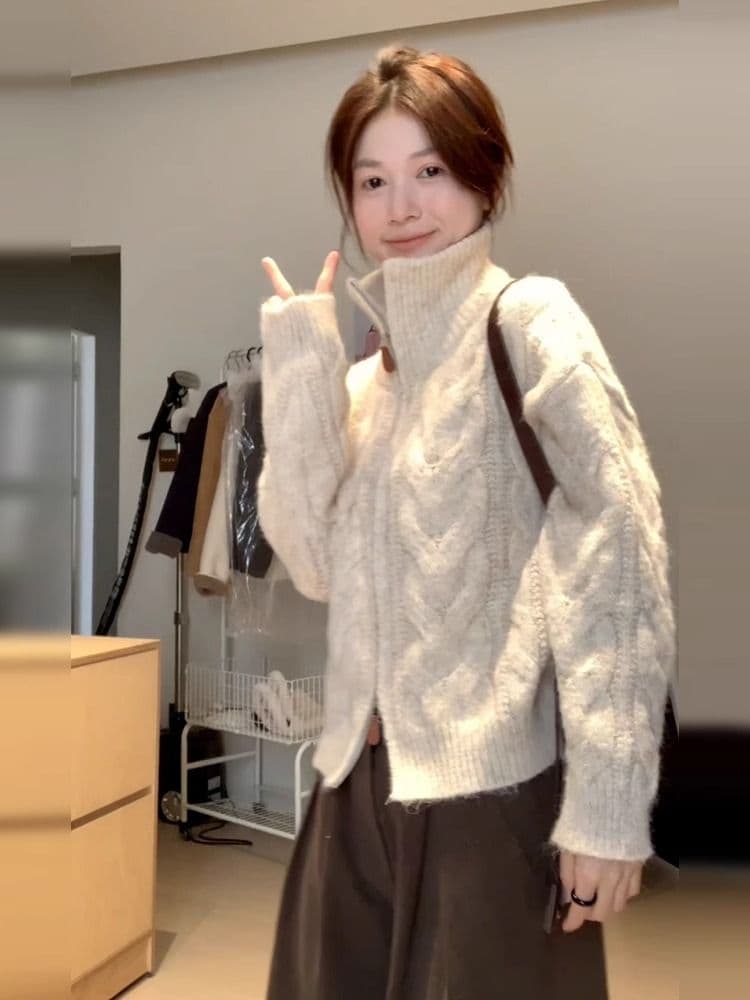 가을 새로운 레트로 느긋한 바람 분위기 센스 더블 지퍼 오픈 가디건 여성 루즈핏 슬림해 보이는 긴팔 쇼트 스타일 맨위 sz 이미지 4
