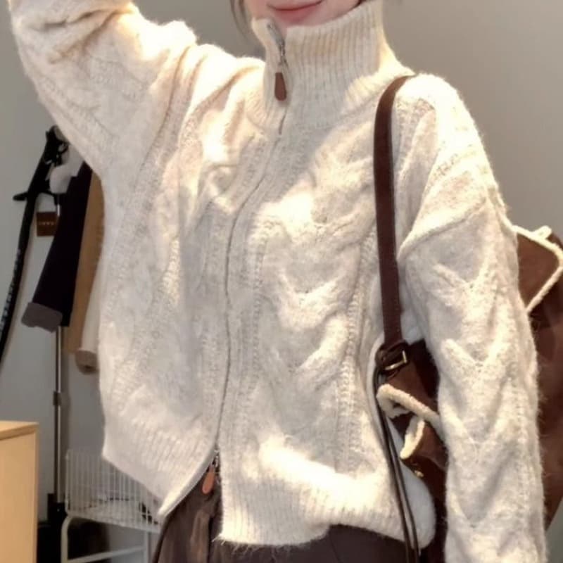 가을 새로운 레트로 느긋한 바람 분위기 센스 더블 지퍼 오픈 가디건 여성 루즈핏 슬림해 보이는 긴팔 쇼트 스타일 맨위 sz 이미지 5