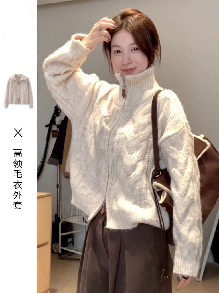 가을 새로운 레트로 느긋한 바람 분위기 센스 더블 지퍼 오픈 가디건 여성 루즈핏 슬림해 보이는 긴팔 쇼트 스타일 맨위 sz 상세 이미지 2