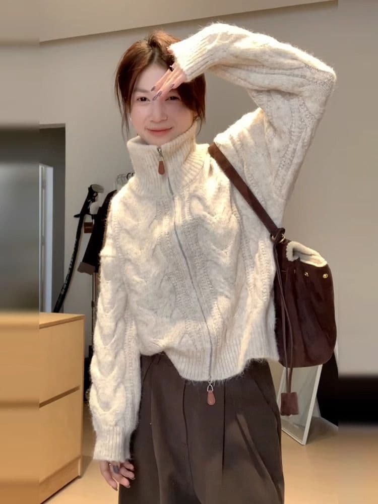 가을 새로운 레트로 느긋한 바람 분위기 센스 더블 지퍼 오픈 가디건 여성 루즈핏 슬림해 보이는 긴팔 쇼트 스타일 맨위 sz 상세 이미지 4
