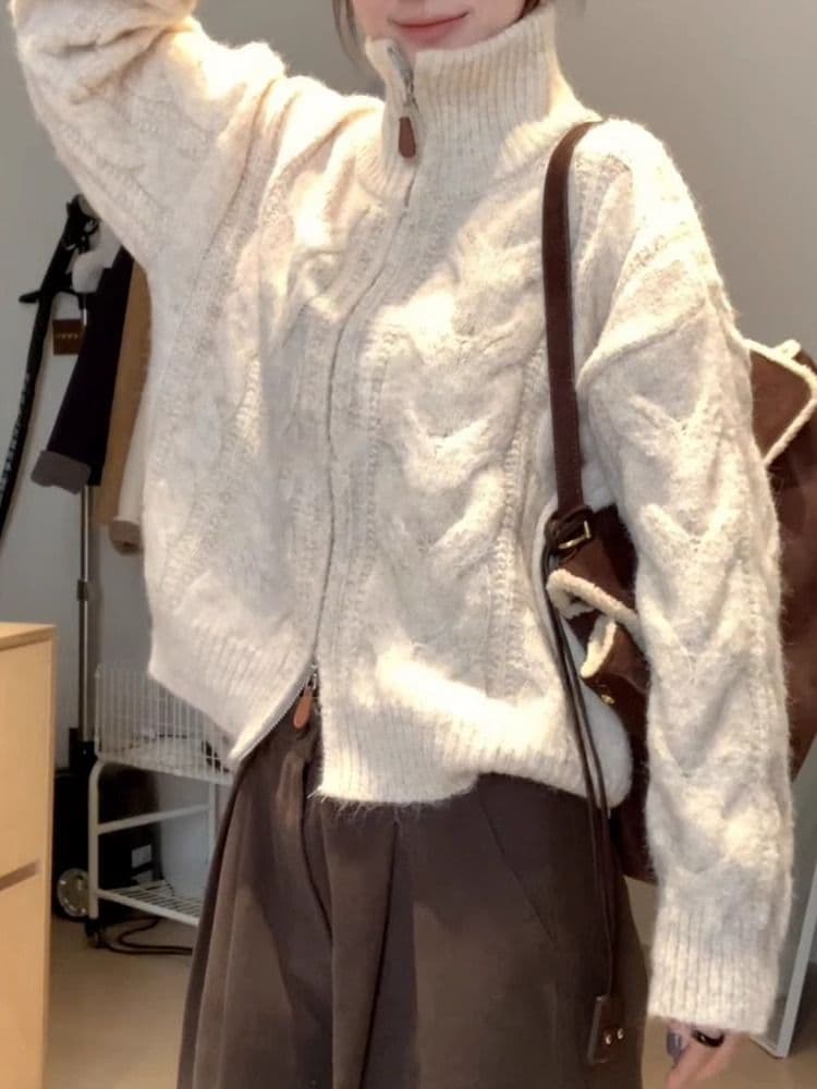 가을 새로운 레트로 느긋한 바람 분위기 센스 더블 지퍼 오픈 가디건 여성 루즈핏 슬림해 보이는 긴팔 쇼트 스타일 맨위 sz 상세 이미지 5