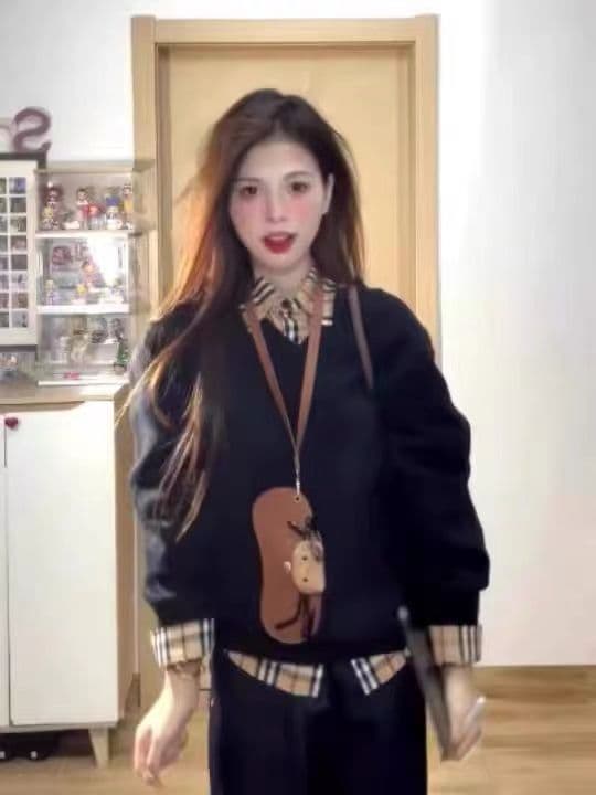 한 부서 느긋한 바람 표지 고기 검정색 루즈핏 풀오버 니트 스웨터 여성 체크무늬 배색 셔츠 투피스 세트 yw 상세 이미지 4