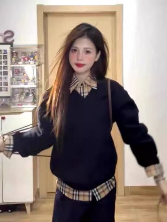 한 부서 느긋한 바람 표지 고기 검정색 루즈핏 풀오버 니트 스웨터 여성 체크무늬 배색 셔츠 투피스 세트 yw 상세 이미지 5