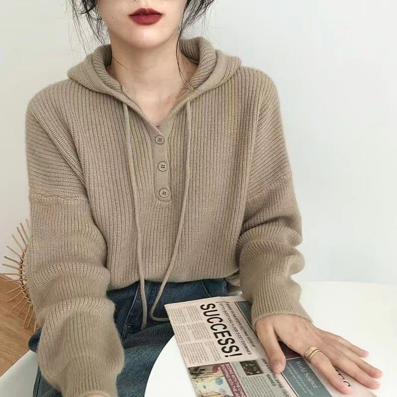 한 부서 미니멀리즘 하프 행 버튼 후드 스웨터 여자 가을 새로운 다용도 느긋한 바람 풀오버 긴팔 맨위 xu