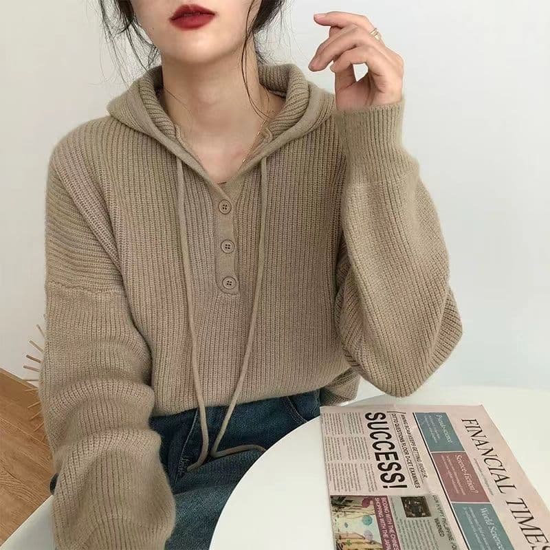 한 부서 미니멀리즘 하프 행 버튼 후드 스웨터 여자 가을 새로운 다용도 느긋한 바람 풀오버 긴팔 맨위 xu 상세 이미지 2