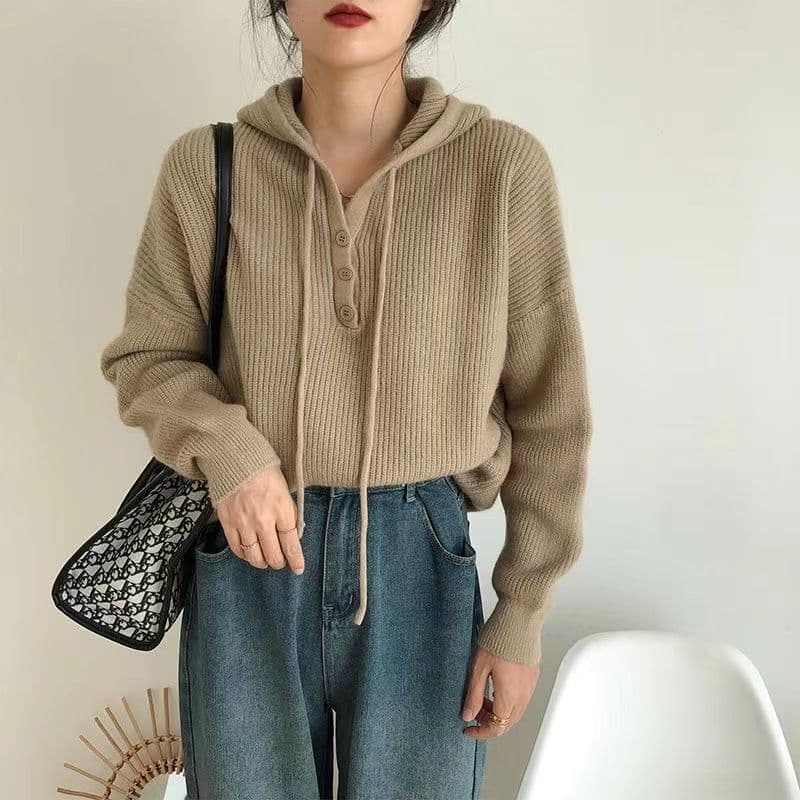 한 부서 미니멀리즘 하프 행 버튼 후드 스웨터 여자 가을 새로운 다용도 느긋한 바람 풀오버 긴팔 맨위 xu 상세 이미지 3