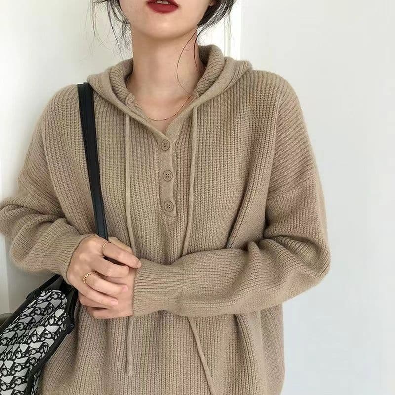 한 부서 미니멀리즘 하프 행 버튼 후드 스웨터 여자 가을 새로운 다용도 느긋한 바람 풀오버 긴팔 맨위 xu 상세 이미지 4
