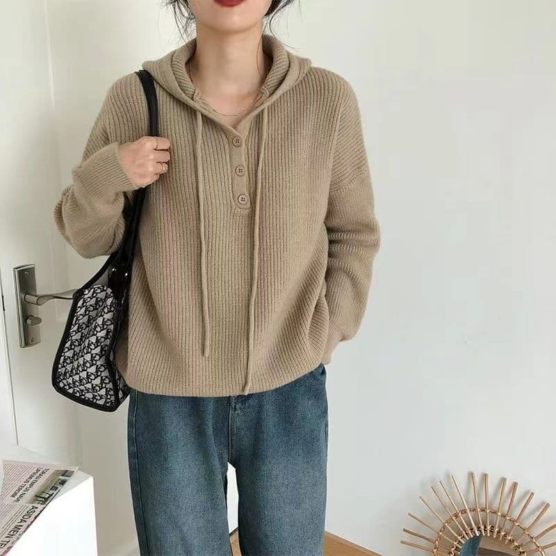 한 부서 미니멀리즘 하프 행 버튼 후드 스웨터 여자 가을 새로운 다용도 느긋한 바람 풀오버 긴팔 맨위 xu 상세 이미지 5