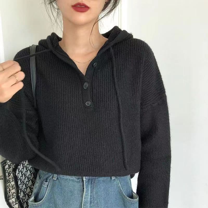한 부서 미니멀리즘 하프 행 버튼 후드 스웨터 여자 가을 새로운 다용도 느긋한 바람 풀오버 긴팔 맨위 xu 상세 이미지 6