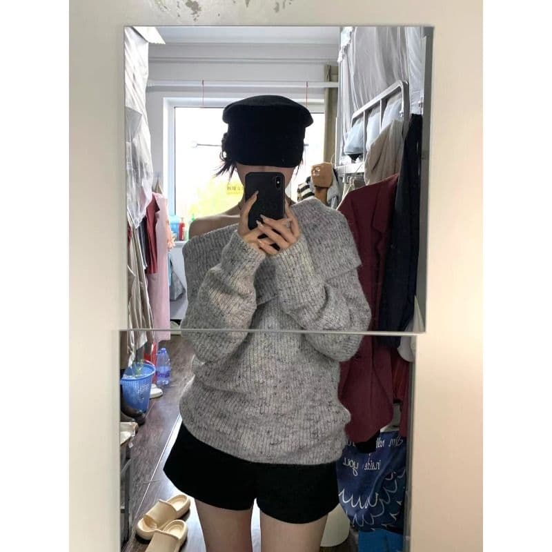 2026 가을 새로운 기타 꽃 회색 오프숄더 폴로 칼라 니트 스웨터 스웨터 oversize 느긋한 핫걸 바람 맨위 이미지 4
