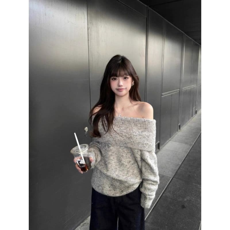 2026 가을 새로운 기타 꽃 회색 오프숄더 폴로 칼라 니트 스웨터 스웨터 oversize 느긋한 핫걸 바람 맨위 상세 이미지 6