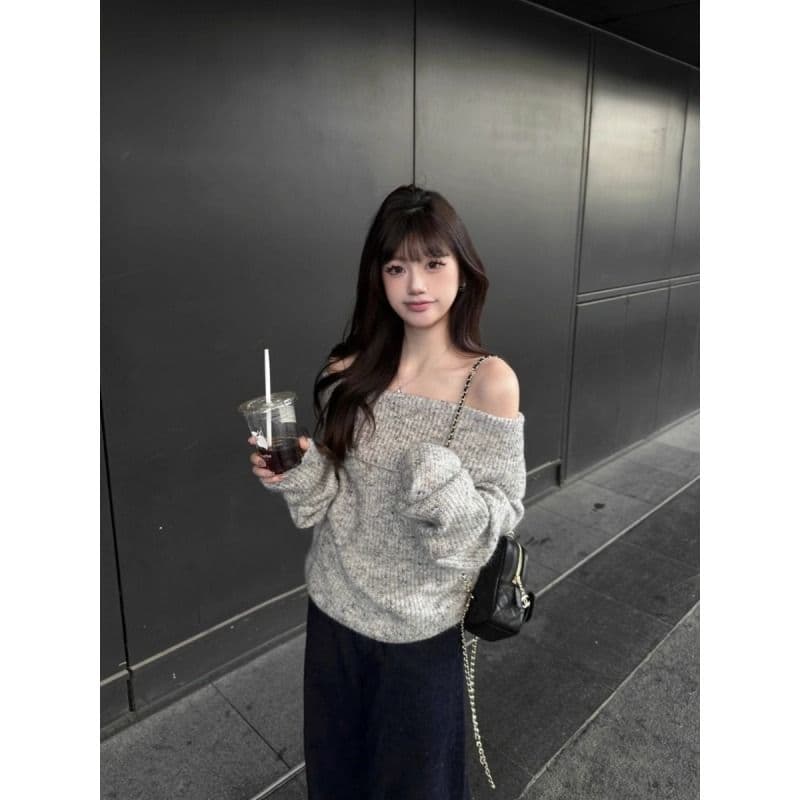 2026 가을 새로운 기타 꽃 회색 오프숄더 폴로 칼라 니트 스웨터 스웨터 oversize 느긋한 핫걸 바람 맨위 상세 이미지 9