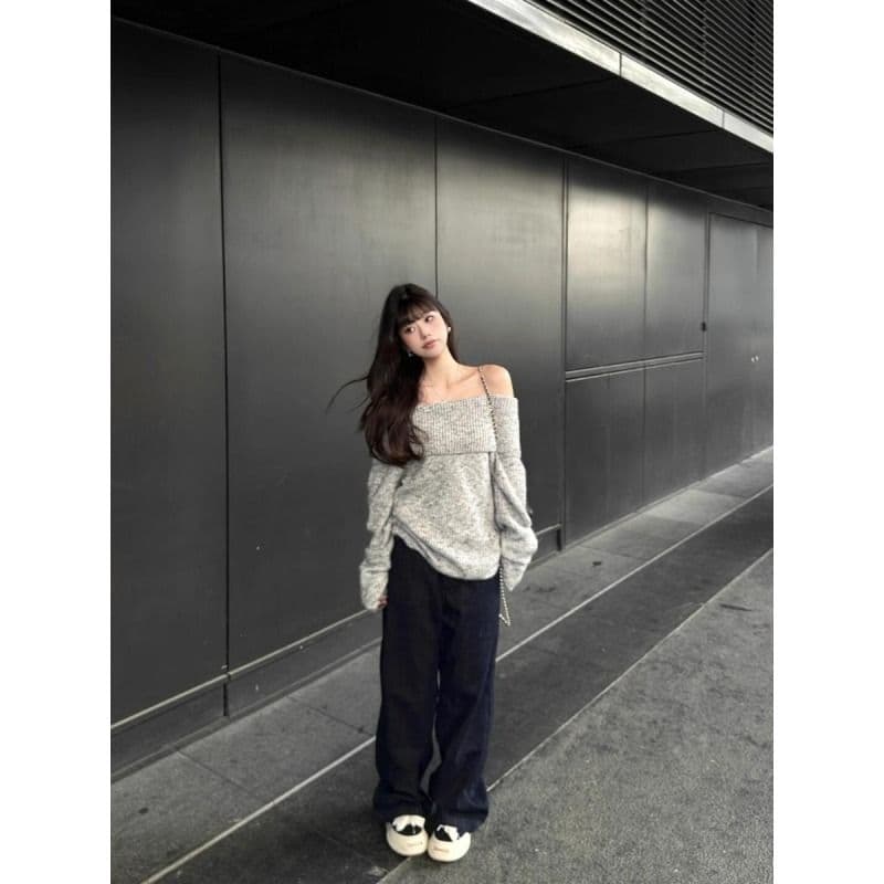 2026 가을 새로운 기타 꽃 회색 오프숄더 폴로 칼라 니트 스웨터 스웨터 oversize 느긋한 핫걸 바람 맨위 상세 이미지 10