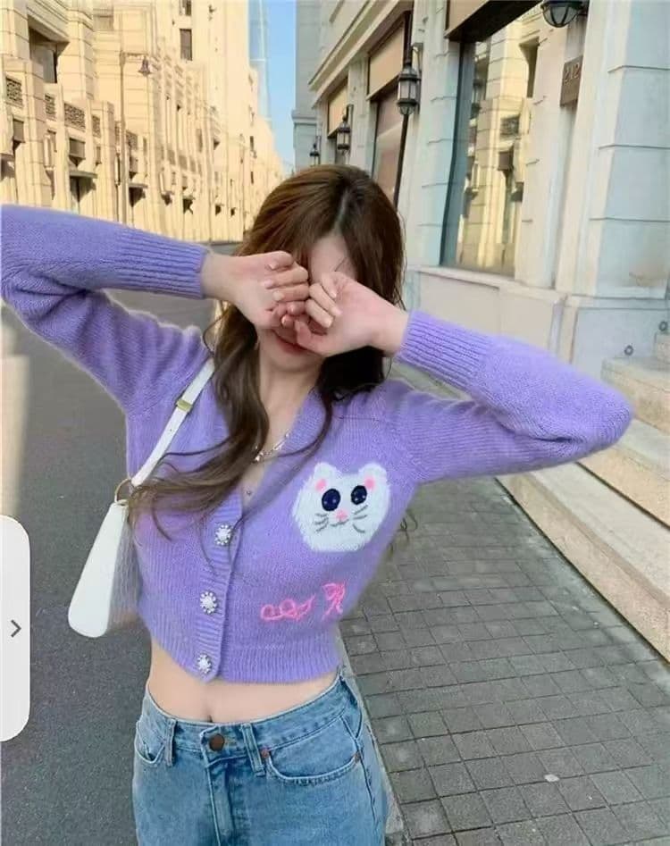 무거운 작업 고양이 자수 털 니트 스웨터 여성 2026 가을 새로운 작은 샤넬 스타일 보라색 쇼트 스타일 오픈 가디건 스웨터 코트 상세 이미지 3