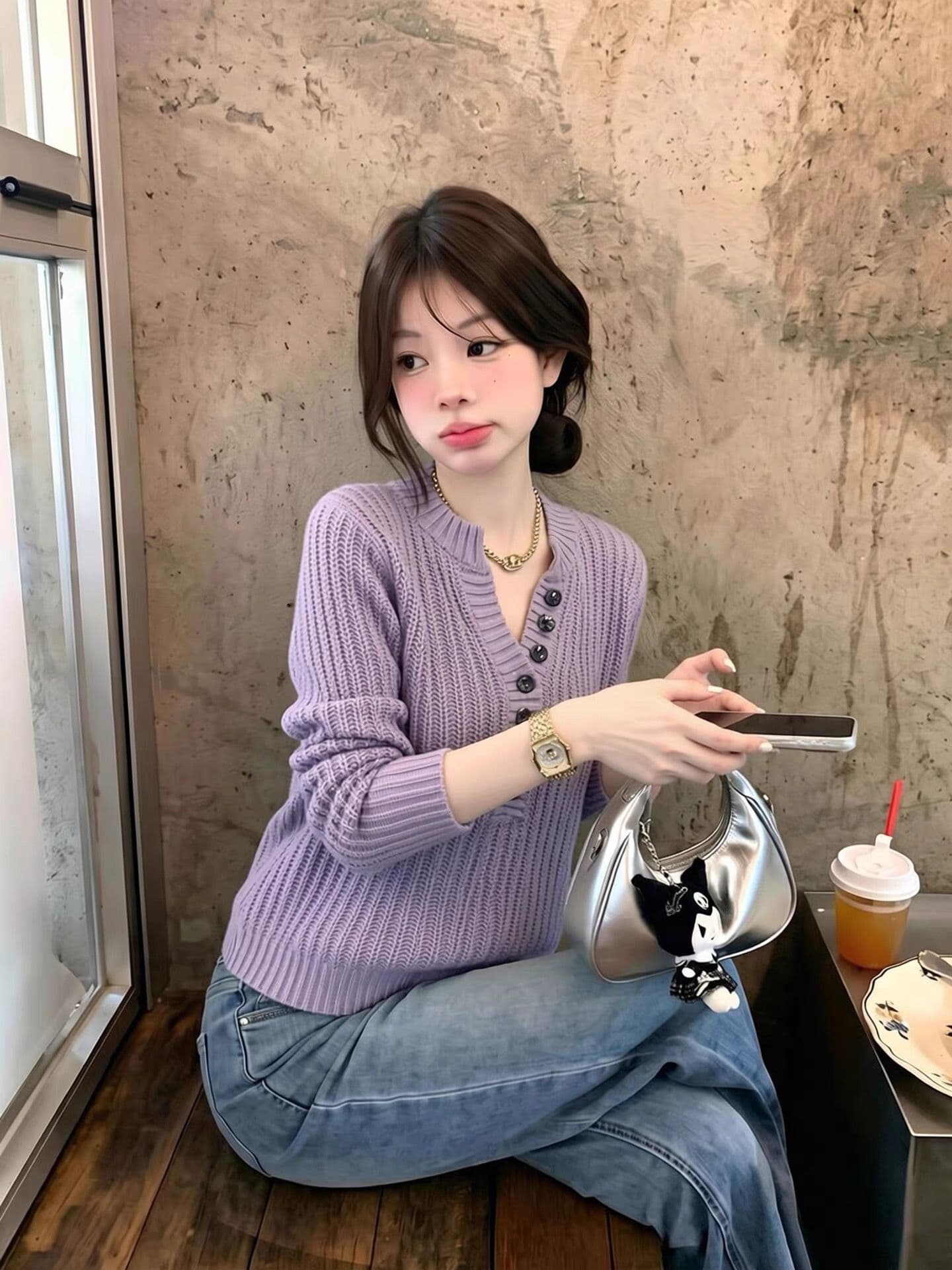 착용 가져 가라. 고급 센스 스팽글 맨위 여성 2026 가을 새로운 V넥 부서 버클 캐주얼 느긋한 바람 니트 스웨터 kq 상세 이미지 4