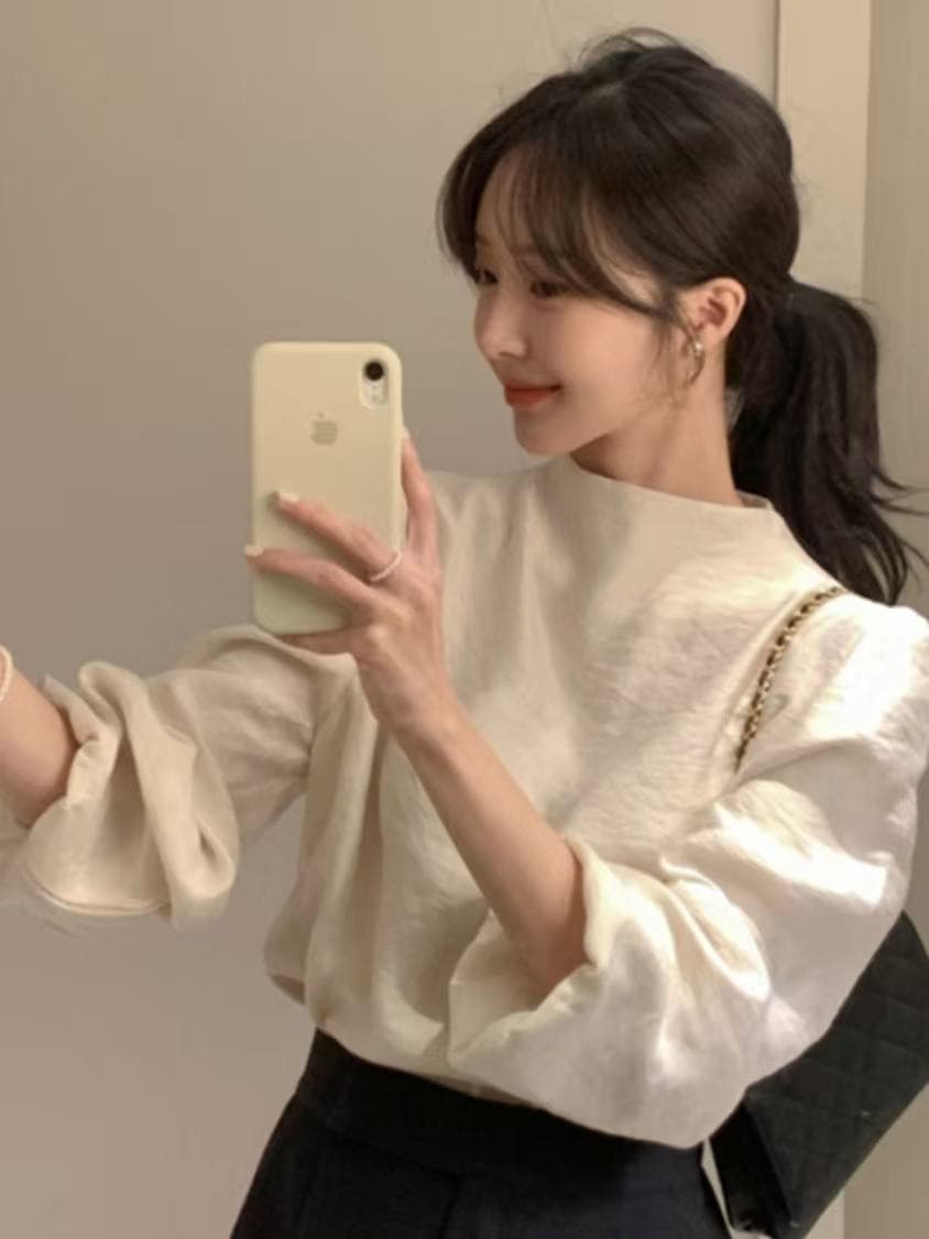 가을 새로운 품격 고급 센스 다용도 살구 색상 거품 소매 셔츠 한 부서 고급 사소한 고급 대기 맨위 상세 이미지 2