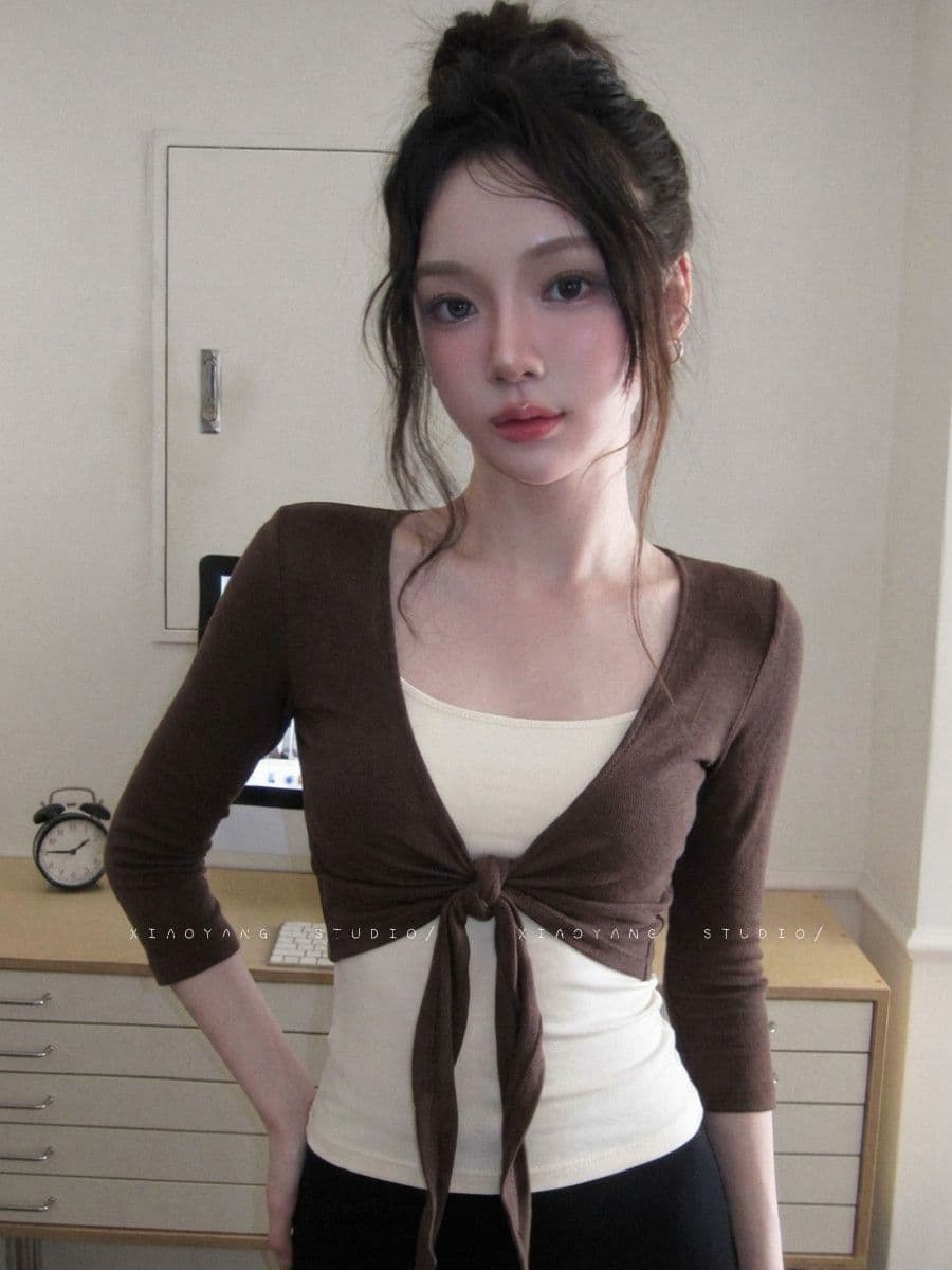 가을 양모 고급 센스 7부 소매 티셔츠 여성 한 부서 착용 가져 가라. 레이스업 허리 수축 슬림해 보이는 오픈 가디건 슬립 투피스 세트 이미지 2