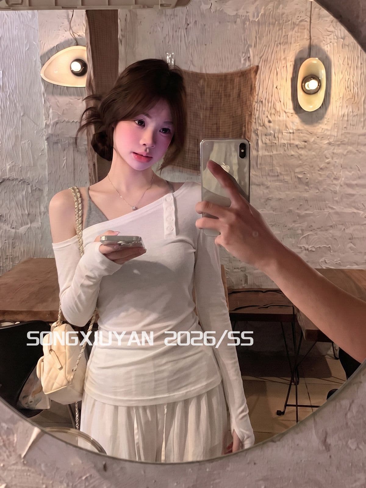 한 부서 부드러운 소녀 단추 비스듬한 어깨 긴팔 티셔츠 가을 분위기 센스 몸매 가꾸기 오프숄더 사람들 면 슬립 투피스 세트 상세 이미지 2