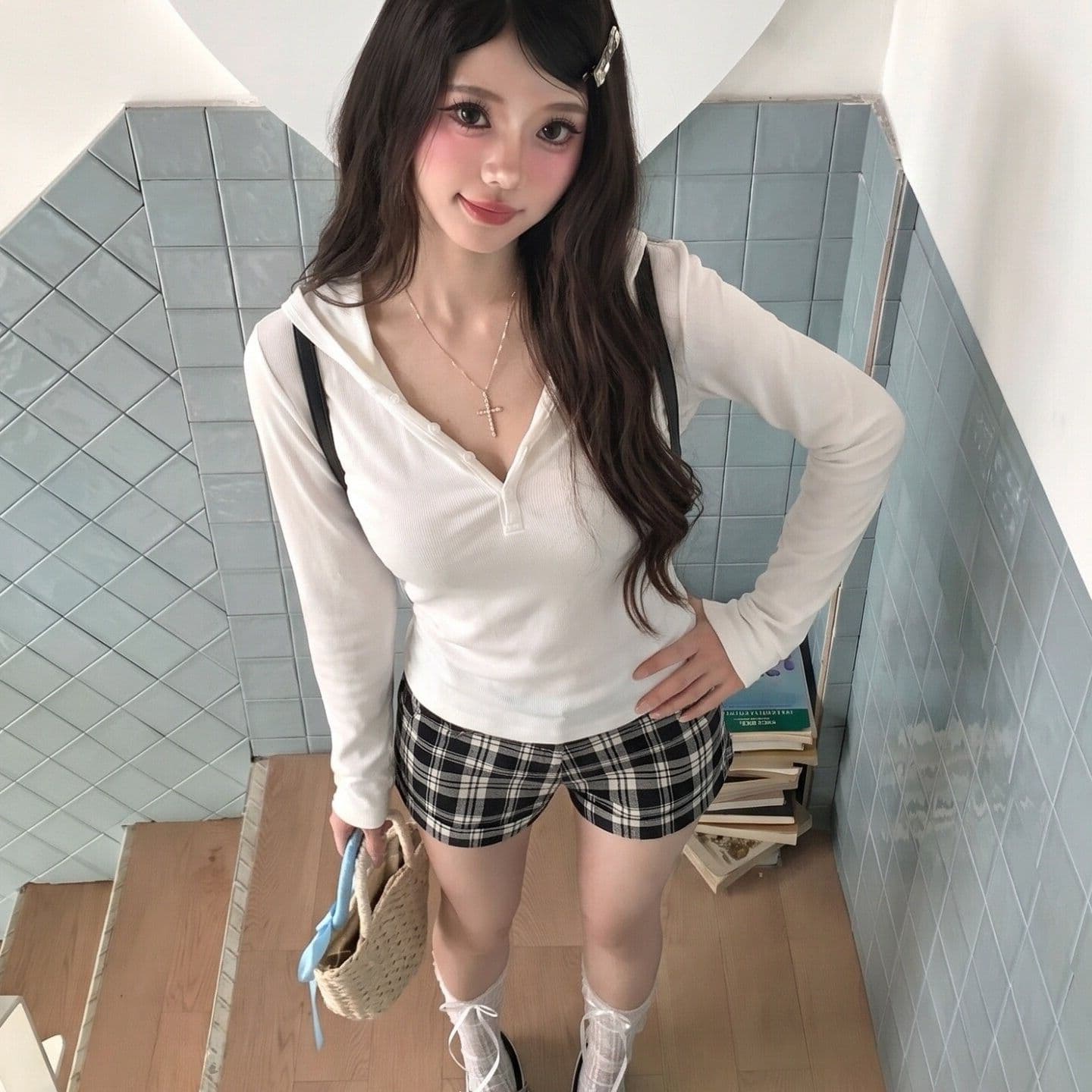 가을 새로운 미니멀리즘 화이트 후드 긴팔 티셔츠 여성 한 부서 다용도 출퇴근 캐주얼 허리 수축 맨위 이미지 4