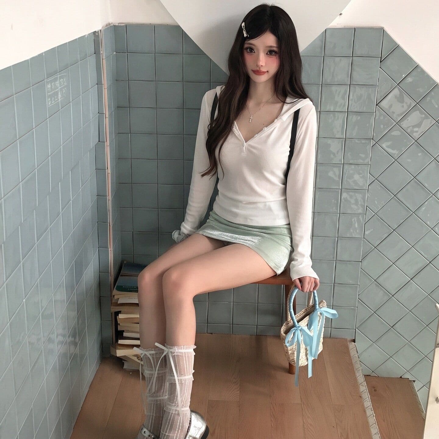 가을 새로운 미니멀리즘 화이트 후드 긴팔 티셔츠 여성 한 부서 다용도 출퇴근 캐주얼 허리 수축 맨위 상세 이미지 1