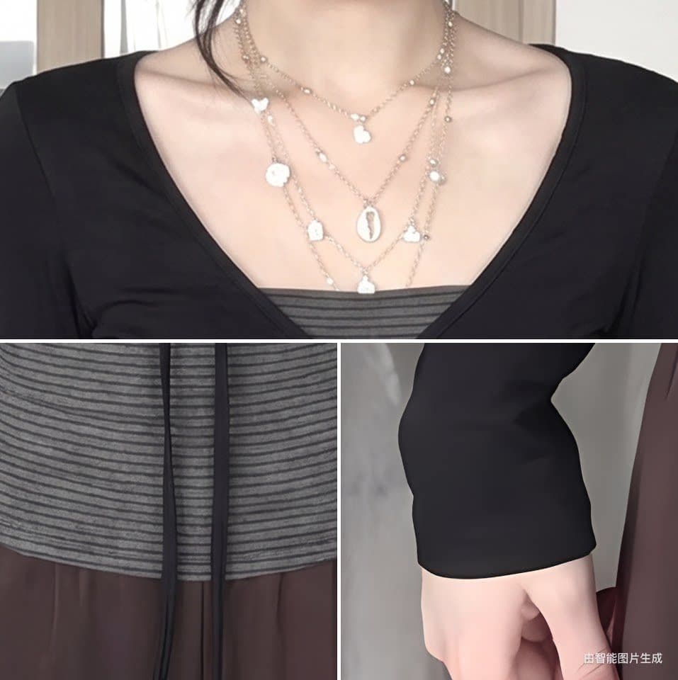 한 부서 디자인 센스 V넥 패치워크 색상 긴팔 사람들 면 티셔츠 여성 가을 몸매 가꾸기 슬림해 보이는 쇼트 스타일 핫걸 외출용 맨위 상세 이미지 2