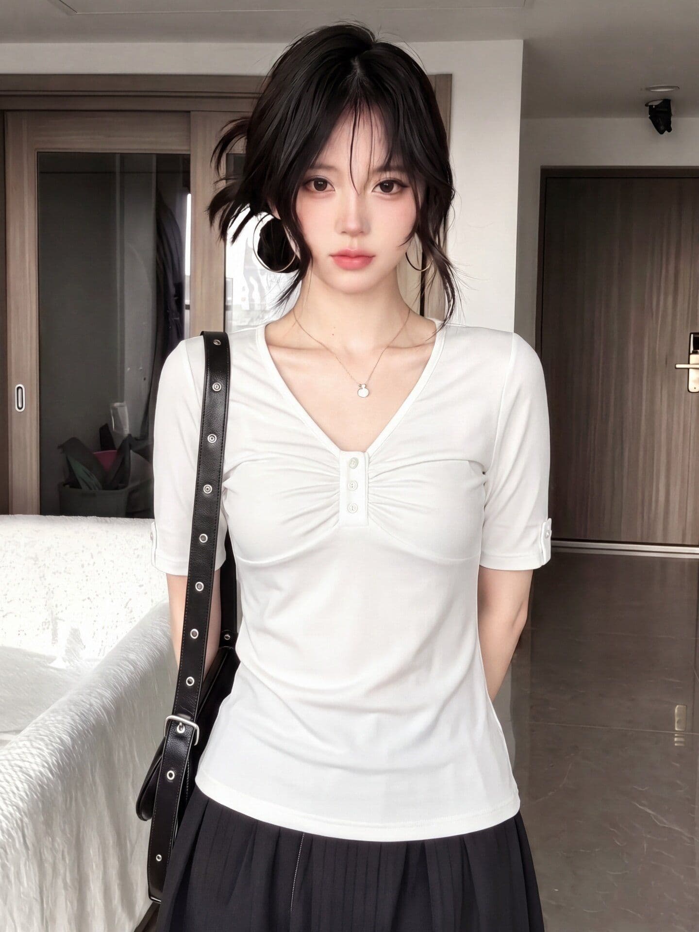 가을 새로운 디자인 센스 허리 수축 슬림해 보이는 다용도 좋은 면 맨위 한 부서 화이트 V넥 비틀림 반팔 티셔츠 여성 이미지 3