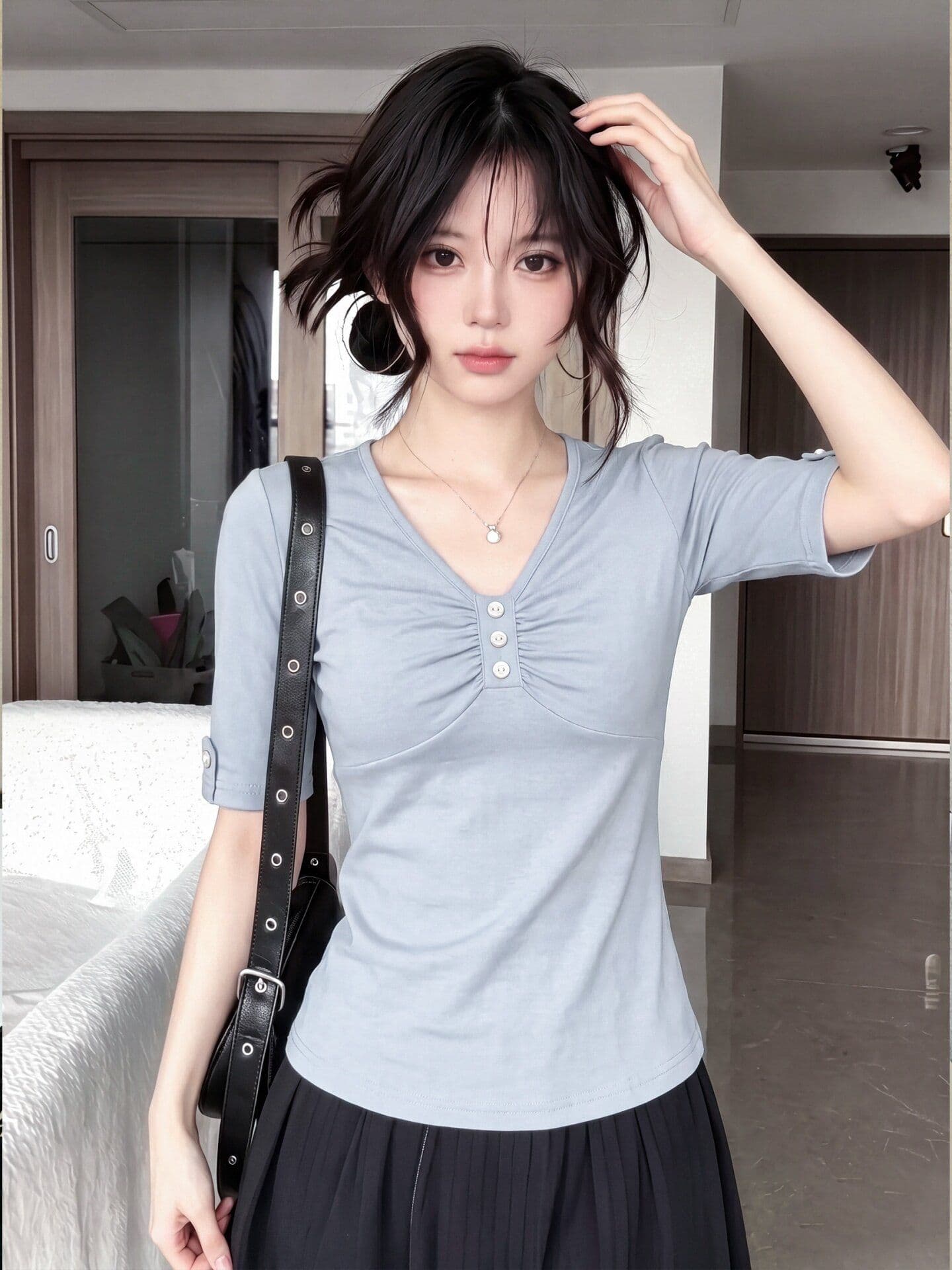 가을 새로운 디자인 센스 허리 수축 슬림해 보이는 다용도 좋은 면 맨위 한 부서 화이트 V넥 비틀림 반팔 티셔츠 여성 이미지 2